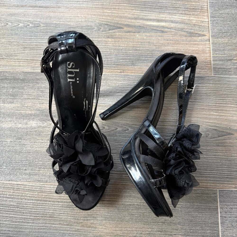 Shi Women's Black Platform open toe Heel Vintage Y2K Ruffle Flower